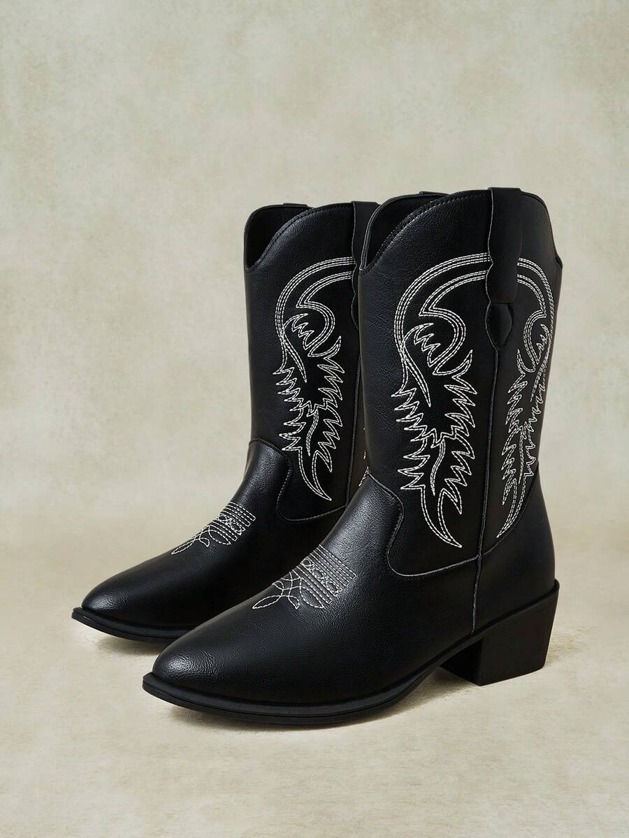 Styleloop Women's Black Gothic Punk Style White Embroidered Line V-Neck Butterfly Western Mid-Calf Chunky Heel Boots, Halloween Winter Boots - Black + white line - View 1