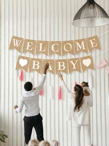 1 Set Rustic Burlap Welcome Banner Neutral Gender Unisex Home Decoration For Housewarming Party Wedding Porch Entryway Farmhouse Style Wall Hanging Sign - khaki - View 4
