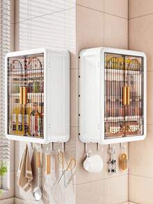 Wall‑Mounted No Drill Kitchen Storage Cabinet Double Door Transparent Visible Spice Organizer With Hooks Hanging Condiment Storage Shelf For Kitchen - Multicolor - View 7