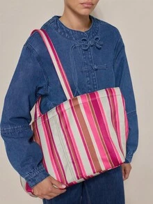 Nöista Striped Canvas Tote Bag In Pink,Green, Brown And Cream With Long Matching Handles, Zip Closure, And A Spacious Shape. - Red - View 7