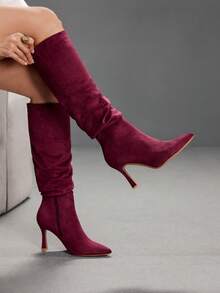 CUCCOO SZL Autumn And Winter Pointed Stiletto Burgundy Suede Piled Boots Pleated Boots Fashion Simple Sexy Nightclub Party High Boots Women Knee Boots High Boots Fall Shoes - Burgundy - View 1
