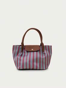 Nöista Tas jinjing bergaris warna merah anggur dan biru kehijauan dengan pegangan PU cokelat, penutup flap, dan bentuk yang santai. - Biru - View 6