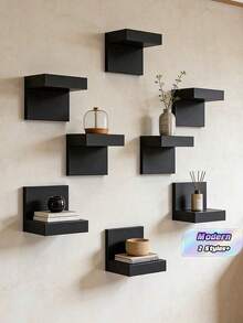 8pcs Ultra Mini Deep Black Thickened Wall-Mounted Storage Shelves, Modern Floating Display Racks, Narrow Space-Saving Storage Shelves, With Iron Plate Support, Screw Fixed, Suitable For Home And Office, 1/4/8pcs - Black - View 1