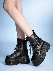 Sugerpunk Women Heeled Sandals New High-Top New Platform Dark PU Skull Head Rivet Ankle Boots Fried Street Motorcycle Boots Punk Platform Boots Winter Boots - Black - View 6
