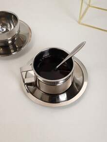 1pc Stainless Steel Coffee Cup Set With Cup, Saucer And Spoon, Modern Metal Tea Cup For Home Office - Multicolor - View 2