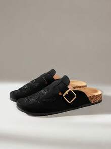 Solecia Women's Flat Round Toe Embroidered Slip-On Casual Comfortable Loafers Fall Shoes - Black - View 8