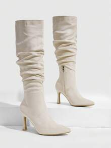 CUCCOO SZL 秋冬尖頭杏色麂皮堆疊褶皺高跟長靴 時尚簡約性感 夜店派對女款膝上高筒靴 - 杏色 - 查看 2