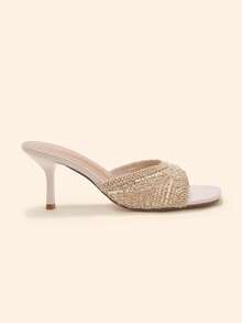 CUCCOO BASICS Women's Fashionable And Sexy Square Toe Woven Fabric Slippers, Medium And High Heels, Painted Thin And Straight Heels. Lightweight And Breathable Slouchy - Apricot - View 3