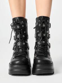 ROMWE Grunge Punk 女款高跟涼鞋 厚底短版騎行靴 春秋款 皮帶扣 搖滾小眾風格 薄絨亞文化 龐克歐美暗黑風 - 黑色 - 查看 4
