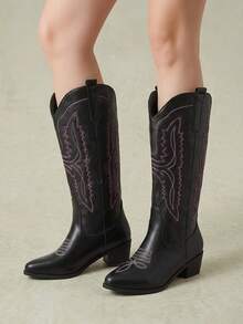 Styleloop Women's Western Boots Slip-On Embroidered Medium Boots Thick Heel Bohemian Vacation Boots Low Heel Street Knight Boots - YP-Black 5 - View 1