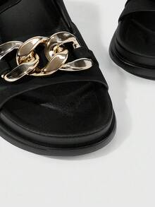 HighSole Women's Metal Chain Decor Buckle Design Casual Flat Slide Sandals - Black - View 7