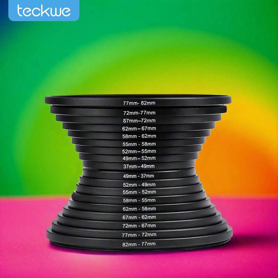 Teckwe Lens Filter Adapter Rings Allows You To Fit Larger Size Lens Filters On A Lens With A Smaller Diameter 18 Pieces Filter Ring Adapter Set, Camera Lens Filter Metal Stepping Rings Kit (Includes 9pcs Step Up Ring Set + 9pcs Step Down Ring Set) Black - View 1