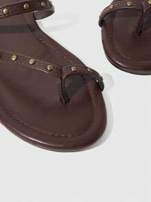 HighSole Studded Thong Sandals In Chocolate Brown With Antique Gold Pyramid Accents-A Bold, Edgy Silhouette For Festival Style, Spring Street-Wear, Or An Effortless Summer Guest Look. - Brown - View 7