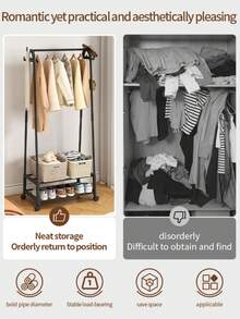 Single-Pack, Double-Row, Easy-To-Assemble, Movable Upright Coat Rack, Freestanding Coat And Hat Rack, Multi-Functional Shoe And Hat Cabinet, Space-Saving Storage Rack, Suitable For Homes, Rental Apartments, Living Rooms, Bedrooms, And Walk-In Closets - Multicolor - View 2