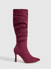 CUCCOO SZL Autumn And Winter Pointed Stiletto Burgundy Suede Piled Boots Pleated Boots Fashion Simple Sexy Nightclub Party High Boots Women Knee Boots High Boots Fall Shoes - Burgundy - View 4