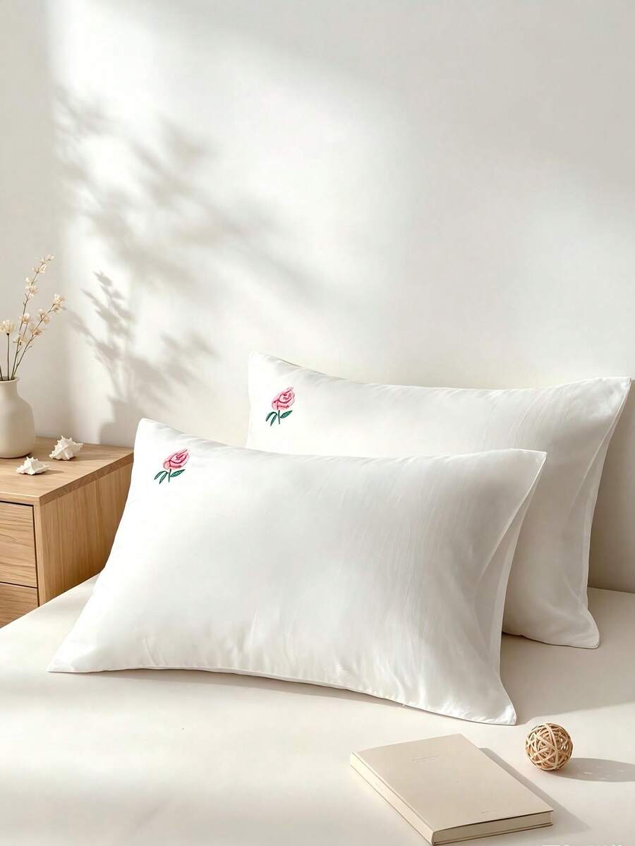 Cirelle 2Pcs Polyester Embroidered Envelope‑Closure Pillowcases Smooth Breathable Polyester Bedding Pillow Protector Case With Envelope Closure (No Insert) - White - View 1