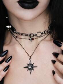 MortiRose Punk Style Rivet Leather Star Necklace Dark Babes Multi-Layer Collarbone Chain Personalized Niche Collar - Black - View 1