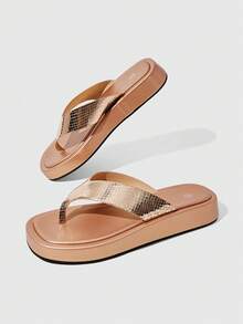 HighSole 金屬蛇紋設計簡約高端夾腳拖鞋涼鞋 海邊度假穿搭 - 香檳色 - 查看 8