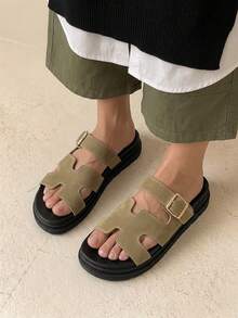 HighSole 女士搭扣设计休闲厚底凉鞋，适合日常穿着，圣诞节也适用 - 卡其色 - 查看 1