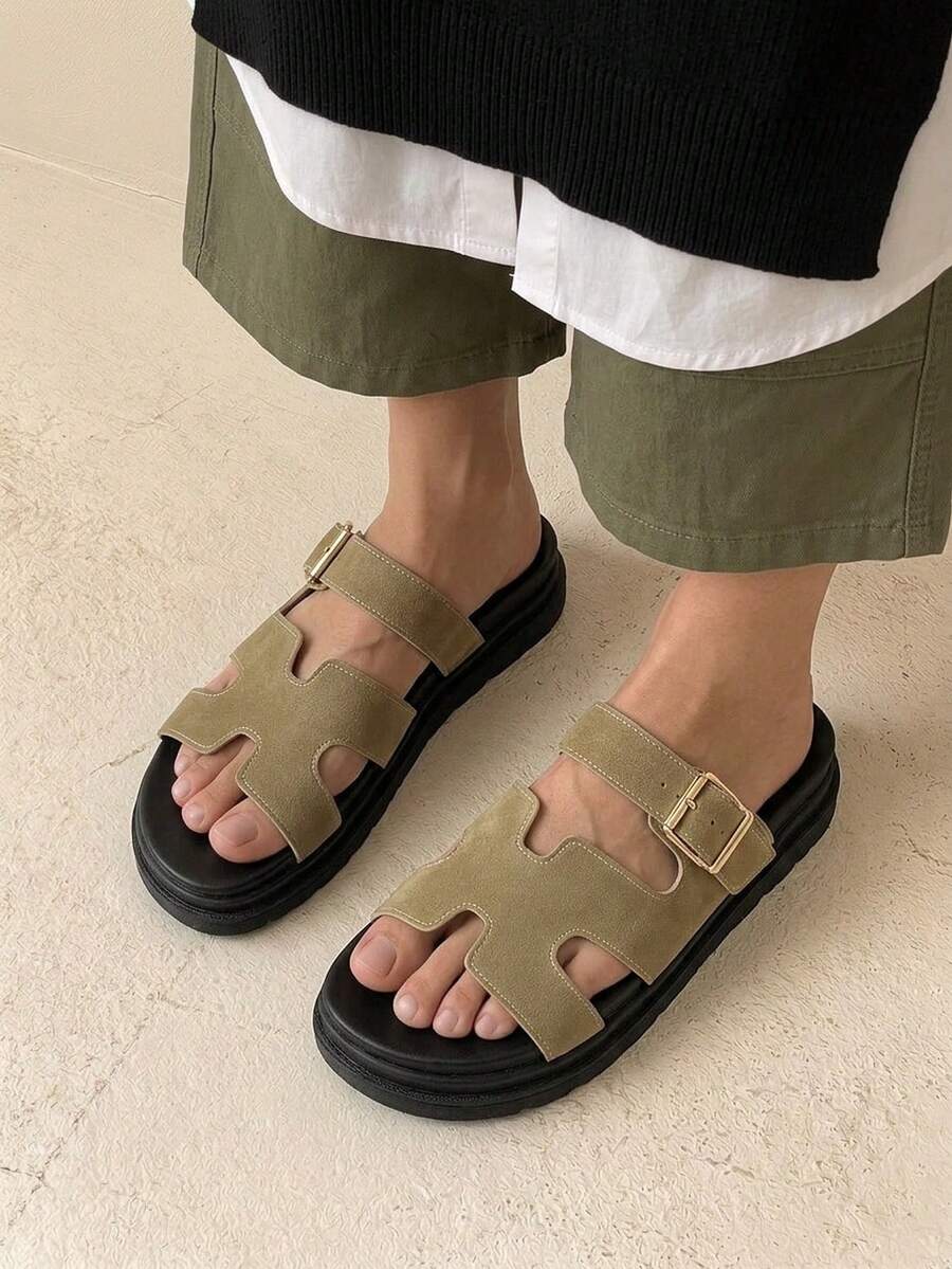 HighSole 女士搭扣设计休闲厚底凉鞋,适合日常穿着,圣诞节也适用 - 卡其色 - 查看 1