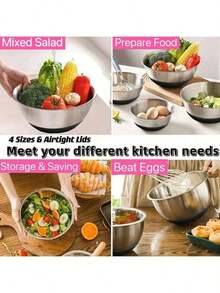 3 PiecesSalad Bowl Set With Cover, Mixing Bowl Set, Stainless Steel Salad Mixing Bowls With Silicone Base And Lids, Non-Slip For Food Storage, Meal Prep, Salad And More, Kitchen Gadgets And Accessories - View 9
