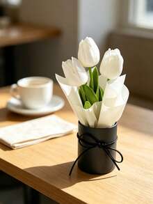 Mini Round Gift Box Artificial White Tulip Bouquet, Silk Fake Flower With Black Bow Decor, Aesthetic Dried Flower Ornament For Bedroom Table Wedding Party Home Decor Gift - White - View 2