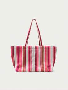 Nöista Striped Canvas Tote Bag In Pink,Green, Brown And Cream With Long Matching Handles, Zip Closure, And A Spacious Shape. - Red - View 1