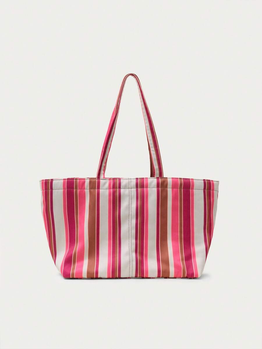 Nöista Striped Canvas Tote Bag In Pink,Green, Brown And Cream With Long Matching Handles, Zip Closure, And A Spacious Shape. - Red - View 1