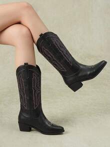 Styleloop Women's Western Boots Slip-On Embroidered Medium Boots Thick Heel Bohemian Vacation Boots Low Heel Street Knight Boots - YP-Black 5 - View 4