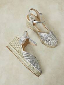 Styleloop Zapatos de plataforma con tacón de cuerda de cáñamo y tirador trenzado estilo vacacional plateado para mujer - Plateado - Ver 9