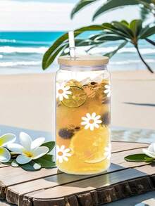 16 Ounce Leak Proof Transparent Water Cup With Straw | Cute Daisy And Cartoon Bee Pattern | Travel Cup Suitable For Iced Coffee | Comes With Lid And Straw | Printed With "Soda Can" Style | Fashionable And Fun Suitable For Iced Drinks - Multicolor - View 7