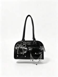ROMWE 1 Piece Y2K Dark Goth Glossy Boston Bag Girl, Spider Web Skeleton Hand Star Chain Bead Bow Decorative Shoulder Bag, Subculture Hottie Commuter Handbag - Black - View 1