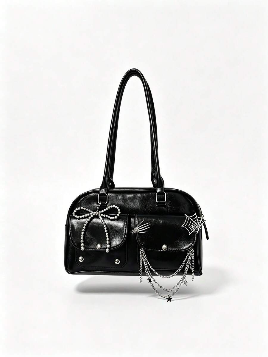 ROMWE 1 Piece Y2K Dark Goth Glossy Boston Bag Girl, Spider Web Skeleton Hand Star Chain Bead Bow Decorative Shoulder Bag, Subculture Hottie Commuter Handbag - Black - View 1