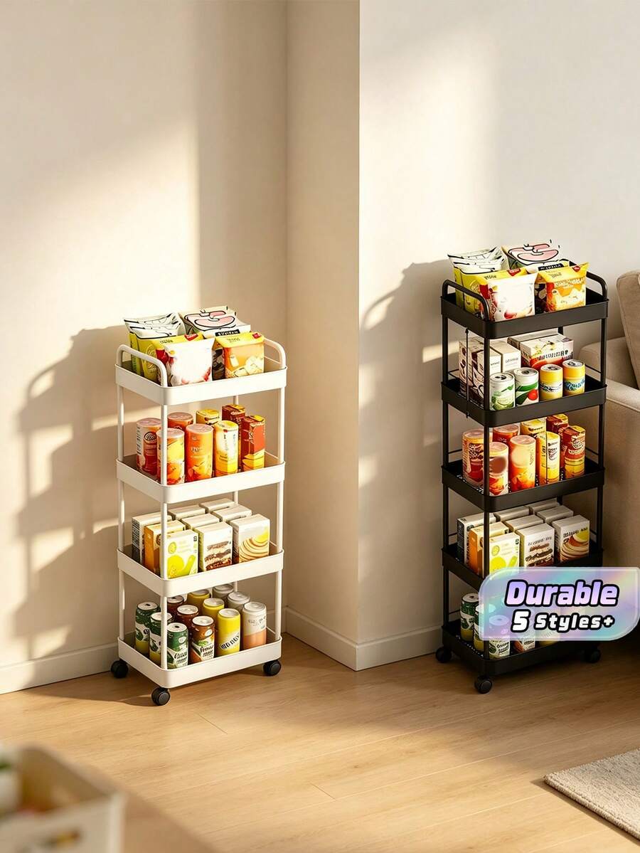 Rolling Plastic Storage Cart With Handle - Multi-Functional Floor-Standing Plastic Storage Shelf, Suitable For Kitchen And Bathroom Storage, Movable Drainage Rack, Ideal For Holiday Gatherings, Back-To-School Supplies, And New Year's Plans - Multicolor - View 1