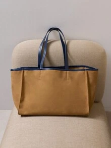 Nöista Tan Suede Effect Tote Bag With Contrasting Navy Blue Handles, Clean Panelled Construction, - Brown - View 1