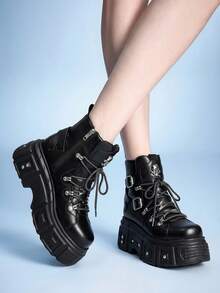 Sugerpunk Women Heeled Sandals New High-Top New Platform Dark PU Skull Head Rivet Ankle Boots Fried Street Motorcycle Boots Punk Platform Boots Winter Boots - Black - View 4