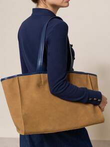 Nöista Tan Suede Effect Tote Bag With Contrasting Navy Blue Handles, Clean Panelled Construction, - Brown - View 3