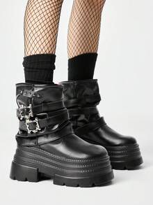ROMWE Grunge Punk 女款黑色搖滾龐克哥德風圓頭粗跟楔形扣帶騎行短靴，適合聖誕 Y2K 風格 - 黑色/雙扣 - 查看 4