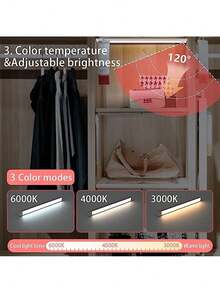 1 Piece Of Cabinet With Adhesive Sensor Light, 3 Color Temperature Long Strip Eye Protection Warm Light Sensor Light, 3 Function Constant Light And Sensor Cabinet Light, Wireless Rechargeable Small Night Light - White - View 3