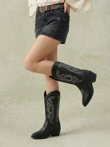 Styleloop Women's Black Gothic Punk Style White Embroidered Line V-Neck Butterfly Western Mid-Calf Chunky Heel Boots, Halloween Winter Boots - Black + white line - View 8