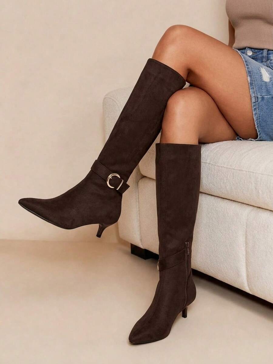 Daringsoles 女款舒適休閒細跟棕色秋冬高跟膝上靴 - 棕色2a - 查看 1