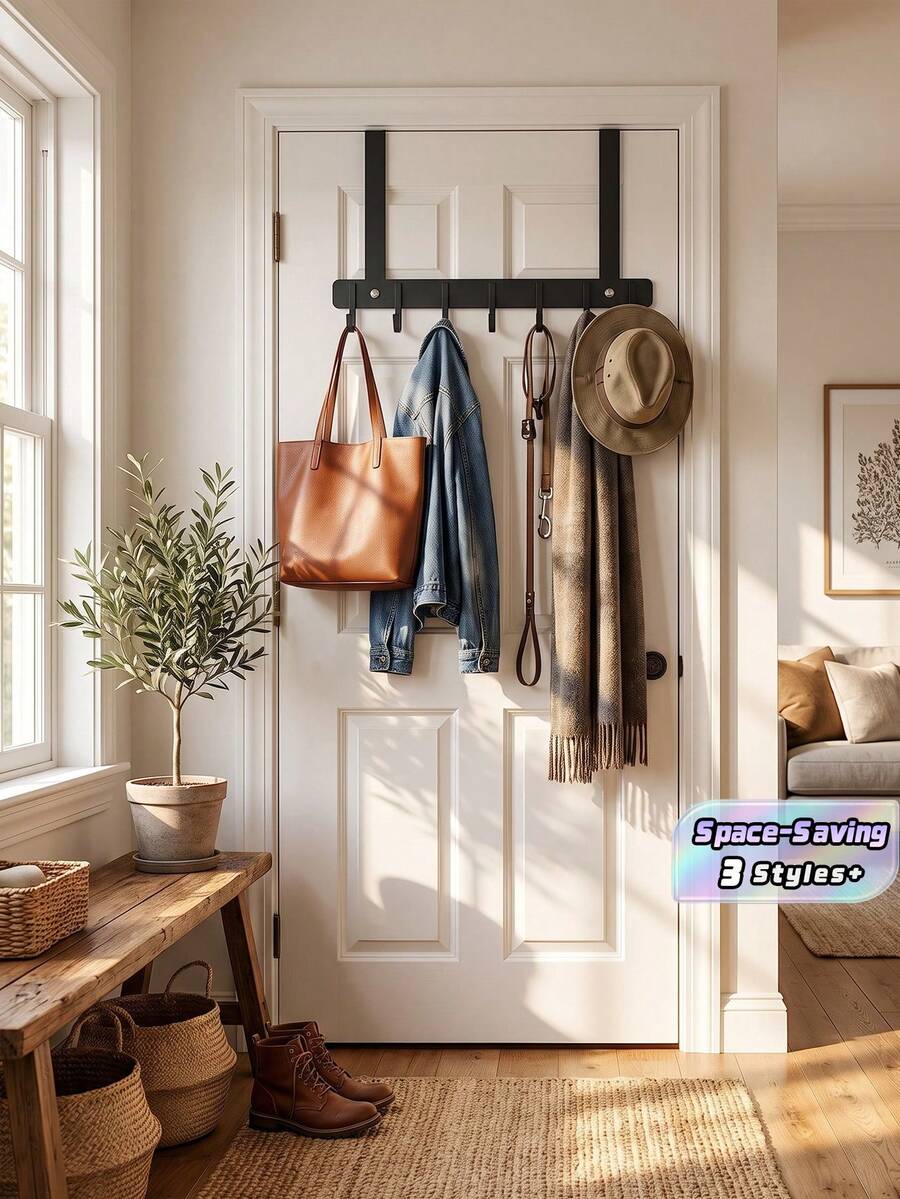 Ever Blooming Over-The-Door Hook Organizer Rack, Easy To Install, Stylish Side-Of-Door Storage Rack With Hanging Hooks - Damage-Free Installation, Multi-Function Metal Hooks For Coats And Hats, Bedroom Door Storage Rack, Easy Assembly, Sturdy And