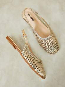 Styleloop Women's Fashion Gold Square Toe Woven Splicing Sandals, Buckle Flat Sandals Suitable For Daily Travel - Gold - View 8