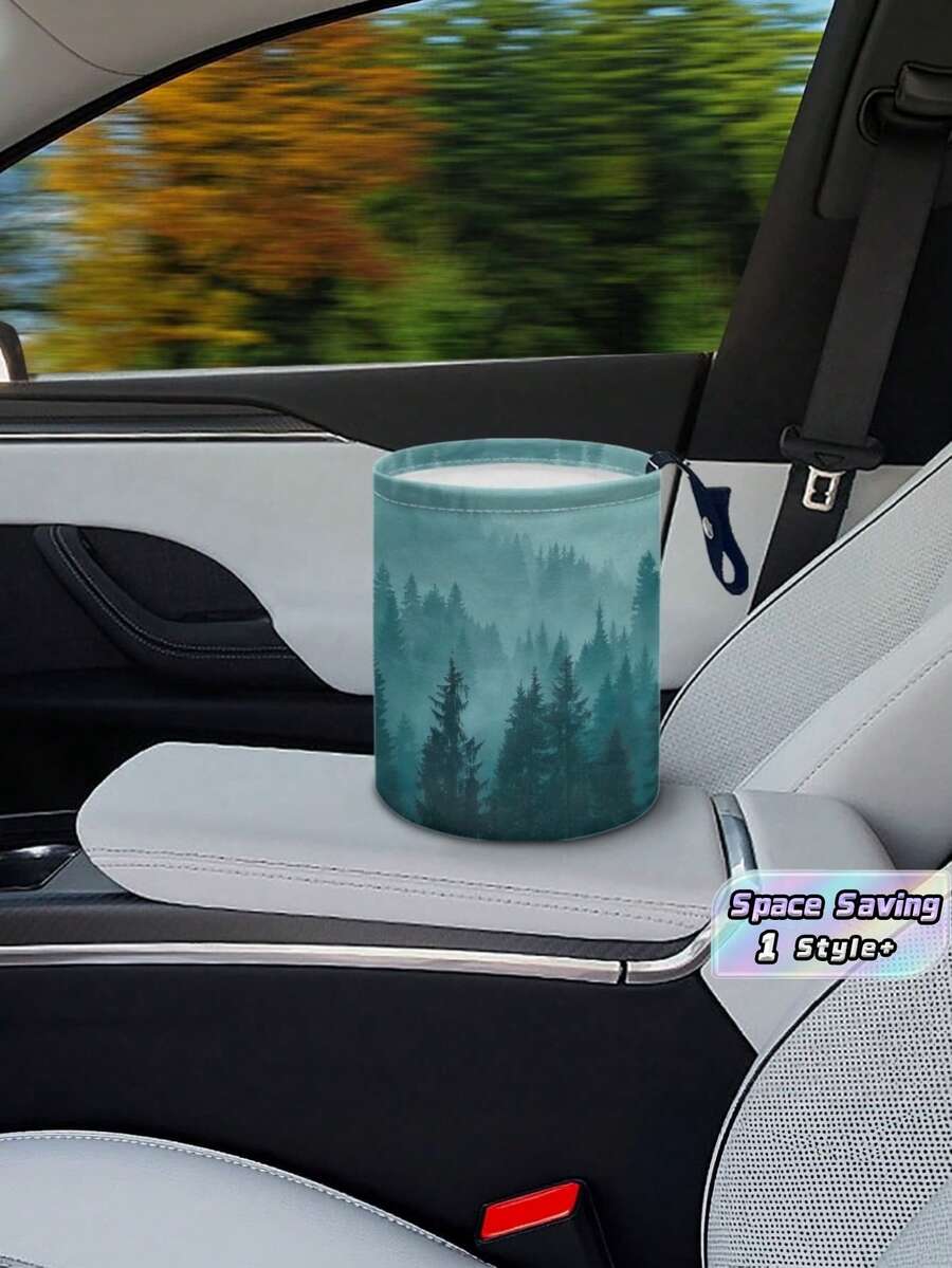 1 Peça Lixeira Portátil Compacta para Carro em Plástico Durável, à Prova de Vazamentos, Impermeável e à Prova de Odores, Fácil de Limpar, Padrão Silencioso Misty Pine Forest Verde, Organizador Automotivo Unissex para Carro, Camping, Cozinha, Viagem, Outdoor e Road Trip, Decoração e Presente - Multicolorido - Visão 1