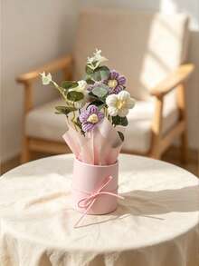 Handmade Daisy Flower Bouquet With Pink Round Gift Bucket, Artificial Floral Arrangement With Ribbon Bow, Mini Fake Flower Decor For Desktop, Birthday & Holiday Gift - Purple bouquet - View 2