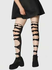 ROMWE Goth 1 Pair Hollow Bow Tie Lace-Up Over-The-Knee Socks, JK Adult High Tube Socks, Elastic Thin Long Socks - Black - View 2