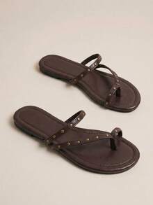 HighSole Studded Thong Sandals In Chocolate Brown With Antique Gold Pyramid Accents-A Bold, Edgy Silhouette For Festival Style, Spring Street-Wear, Or An Effortless Summer Guest Look. - Brown - View 6