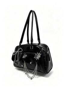 ROMWE 1 Piece Y2K Dark Goth Glossy Boston Bag Girl, Spider Web Skeleton Hand Star Chain Bead Bow Decorative Shoulder Bag, Subculture Hottie Commuter Handbag - Black - View 2