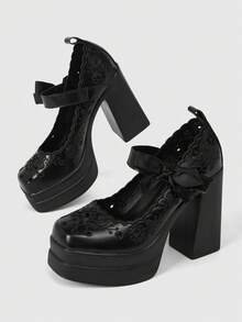 ROMWE Goth Ladies Sexy Platform High Heels Shoes Dark Retro Hollow Embroidery Engraved Bow Daily Commute Nightclub Party - Black - View 7