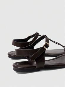 HighSole 巧克力棕色鉚釘夾腳涼鞋，配古董金金字塔裝飾，音樂節風格，春夏街頭穿搭 - 棕色2x - 查看 9